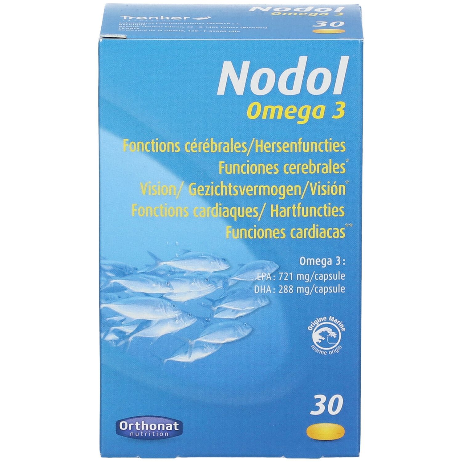 Boîte bleue Nodol Omega 3. Contient 30 gélules. Texte multilingue. Illustration de poissons.