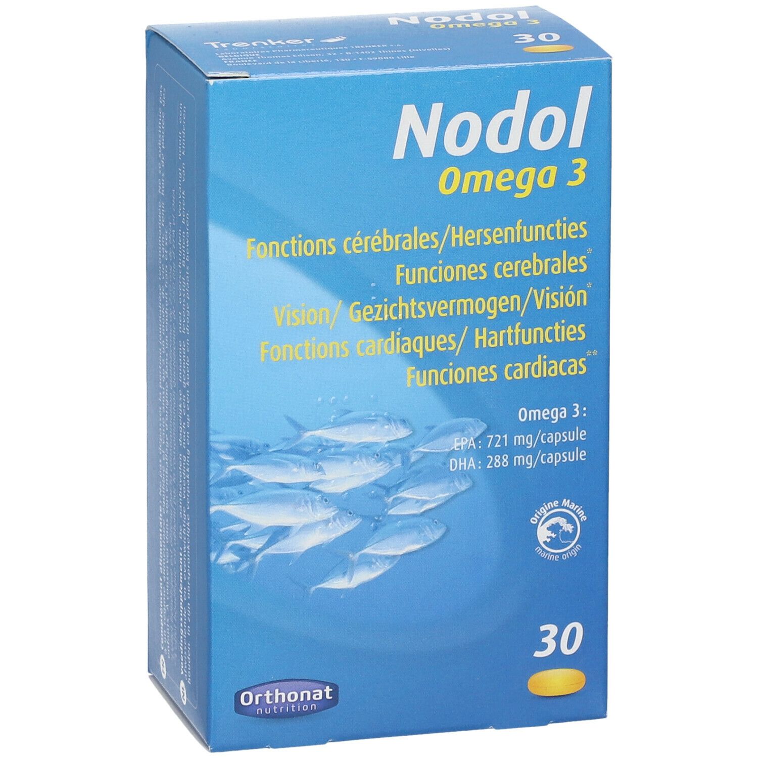 Boîte bleue Nodol Omega 3. Contient 30 gélules. Texte multilingue. Illustration de poissons.
