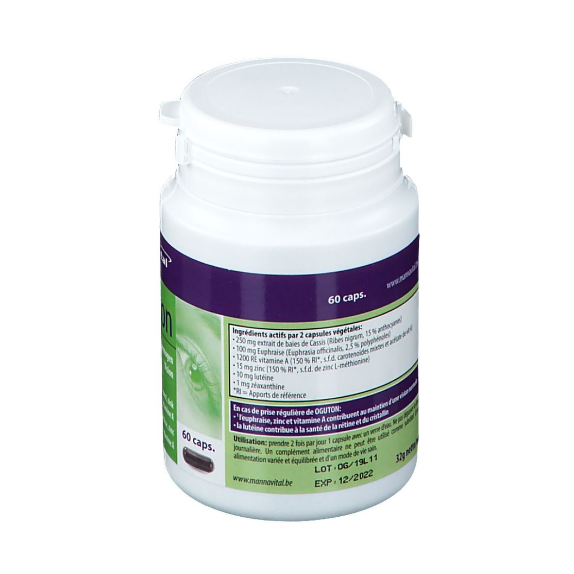 Flacon blanc avec étiquettes violettes et vertes. Dos avec ingrédients et date de péremption. 60 capsules.