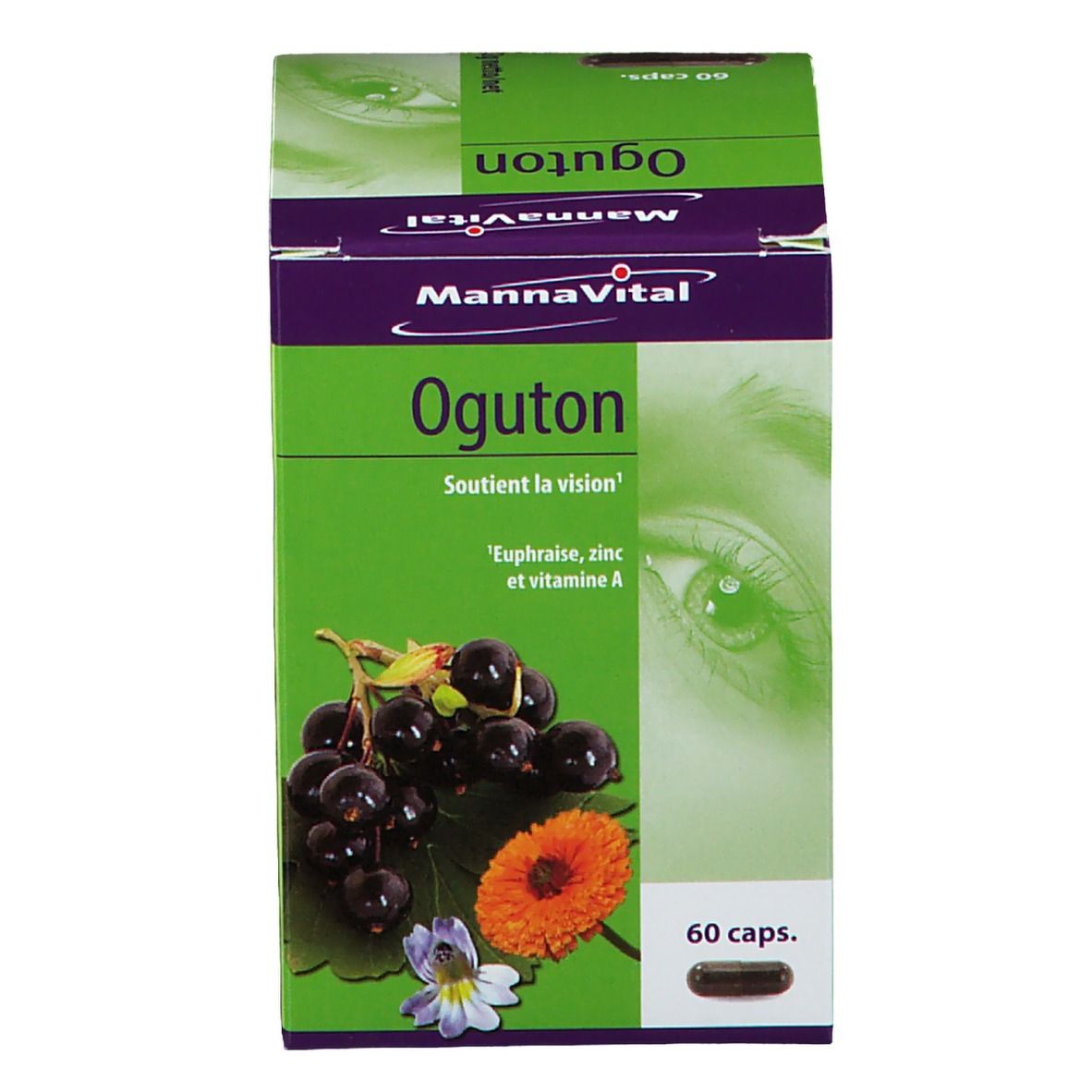 Emballage du produit avec boîte. Inscription: MannaVital Oguton. 60 capsules. Illustration de baies et de fleurs.