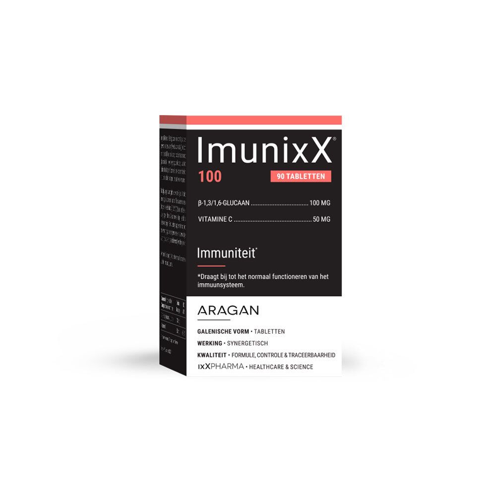 ImunixX 100 Tabletten-Packung. Schwarze Verpackung mit weißen und roten Akzenten. Enthält 90 Tabletten.
