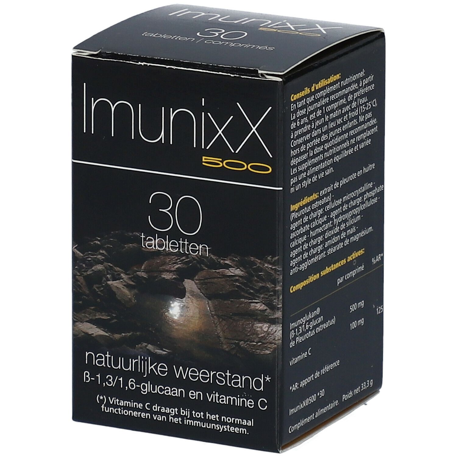 Schwarze Schachtel Imunixx 500, 30 Tabletten. Enthält Informationen und Inhaltsstoffe.