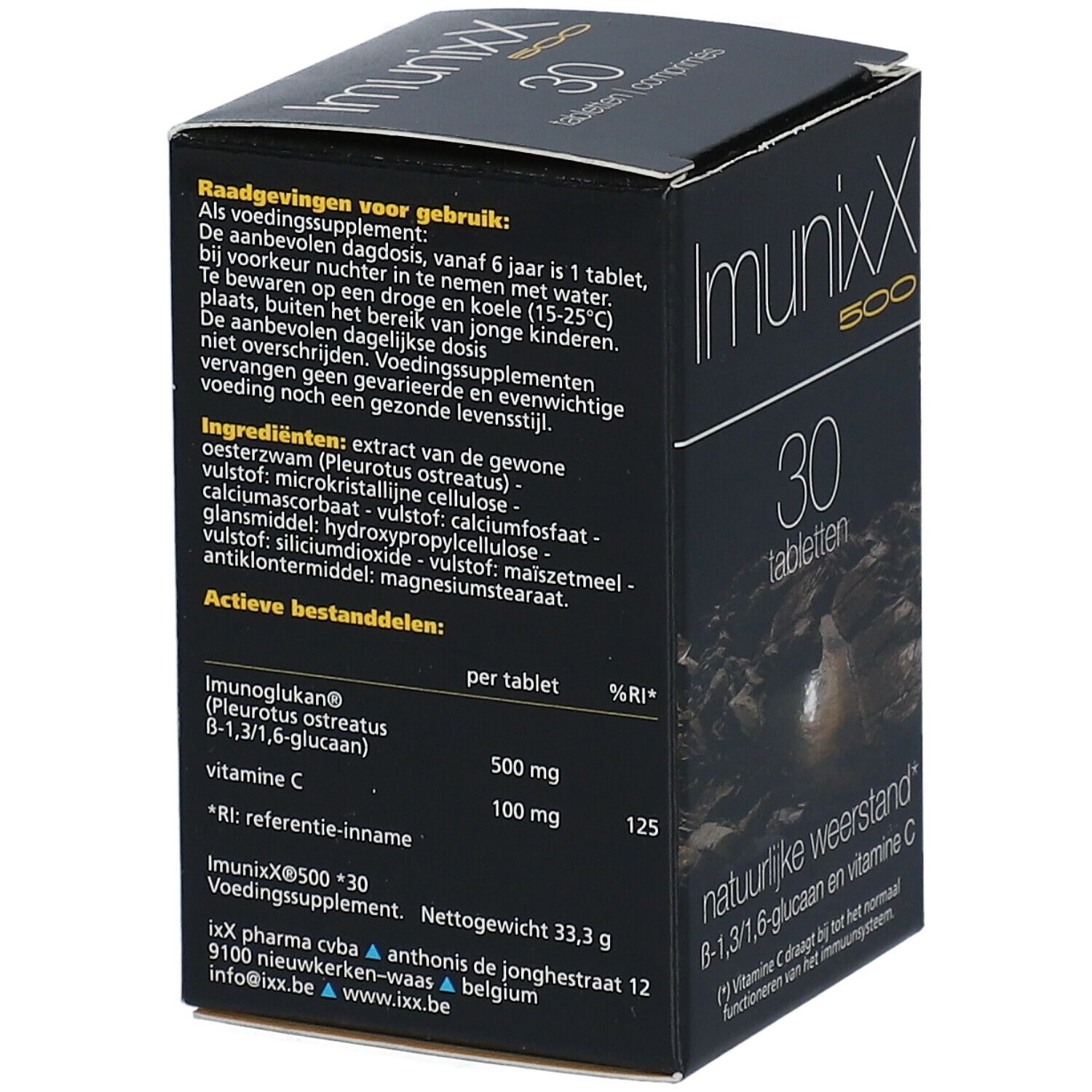 Schwarze Schachtel Imunixx 500, 30 Tabletten. Enthält Informationen und Inhaltsstoffe.