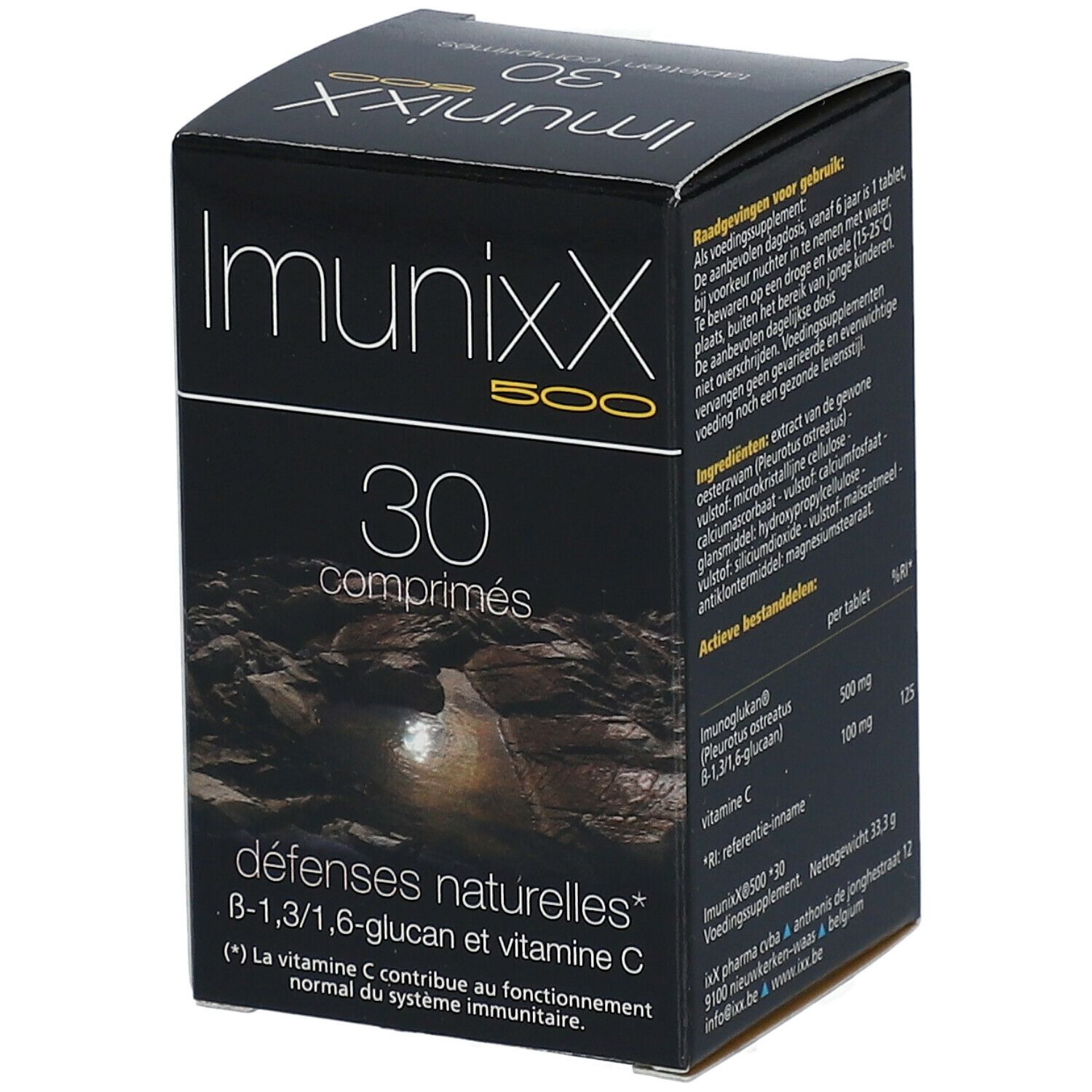 Schwarze Schachtel Imunixx 500, 30 Tabletten. Enthält Informationen und Inhaltsstoffe.
