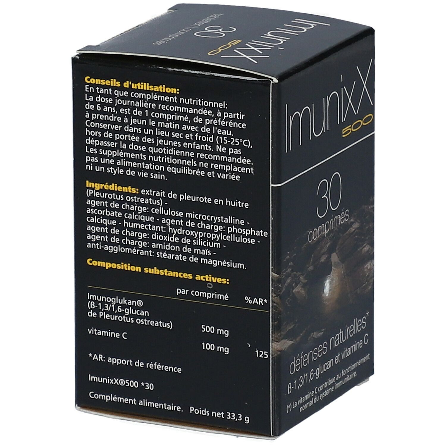 Schwarze Schachtel Imunixx 500, 30 Tabletten. Enthält Informationen und Inhaltsstoffe.