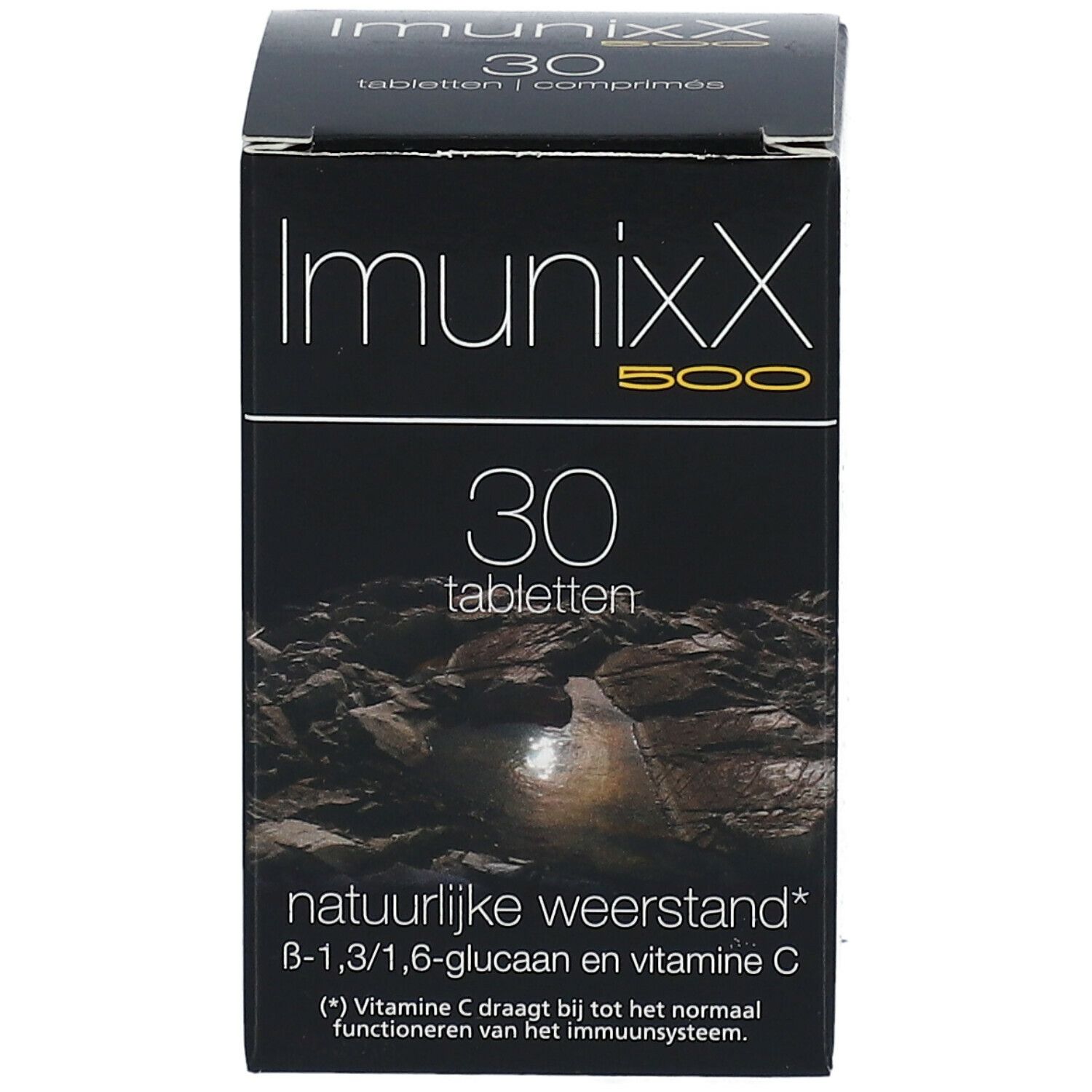 Schwarze Schachtel Imunixx 500, 30 Tabletten. Enthält Informationen und Inhaltsstoffe.