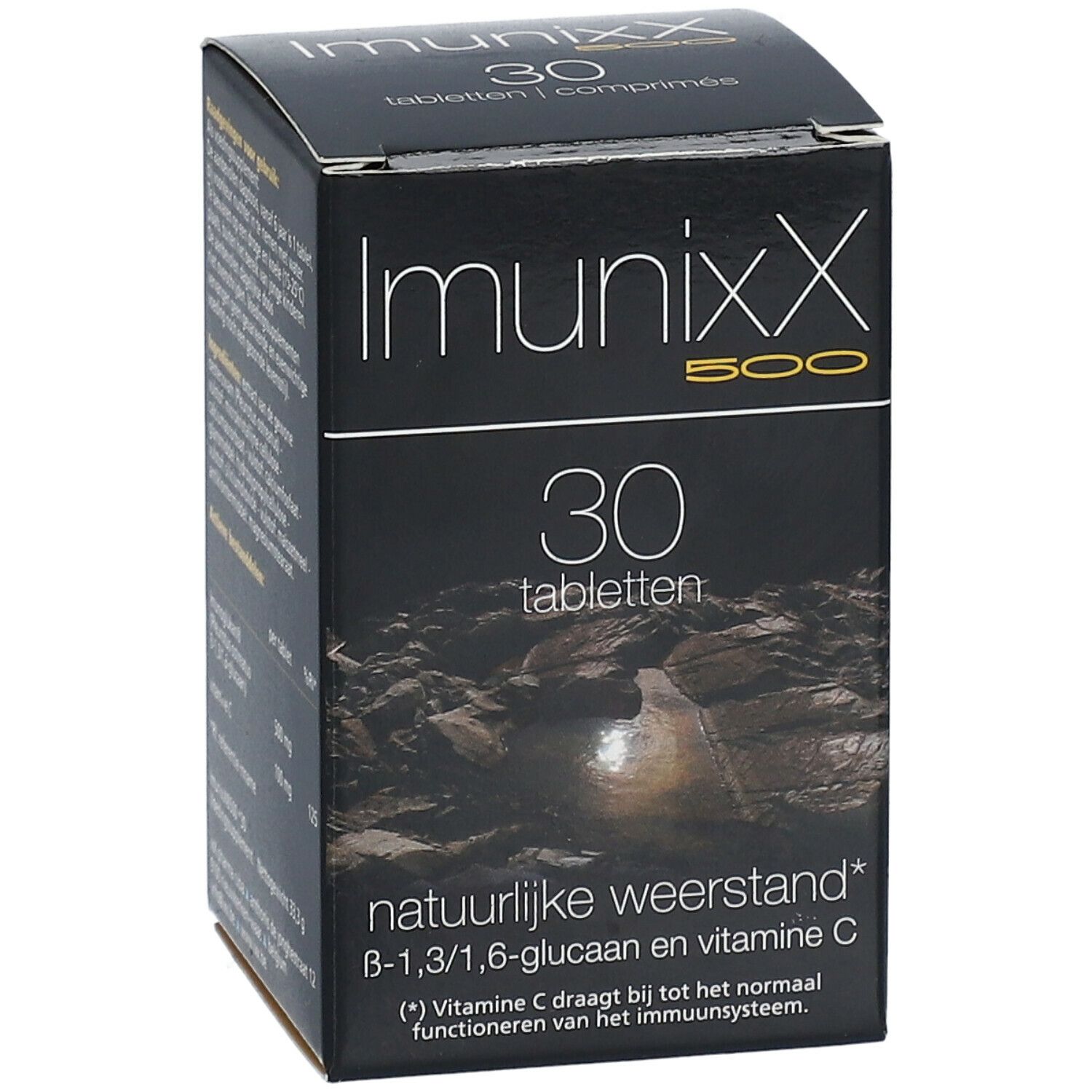 Schwarze Schachtel Imunixx 500, 30 Tabletten. Enthält Informationen und Inhaltsstoffe.