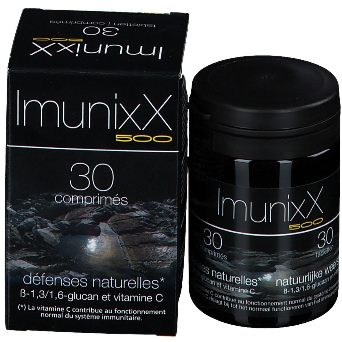 Schwarze Schachtel und Dose Imunixx 500, 30 Tabletten/comprimés. B-1,3/1,6-Glucan.