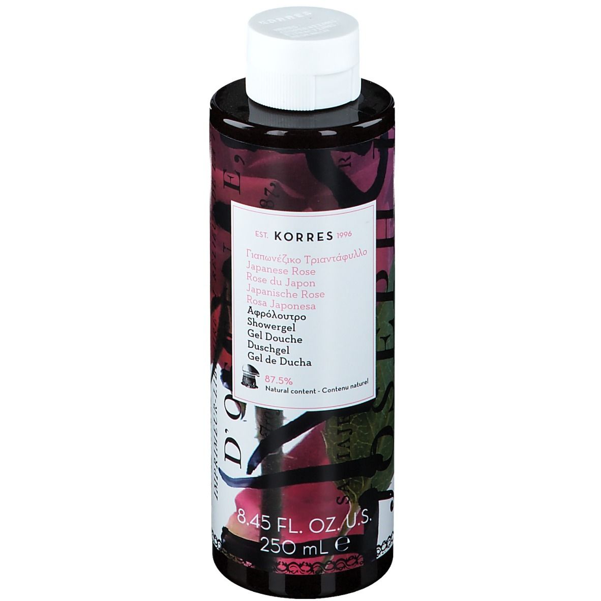 KORRES® Duschgel. Schwarze Flasche mit weißem Deckel. Etikett mit Produktnamen und Inhaltsangaben. 250 ml.