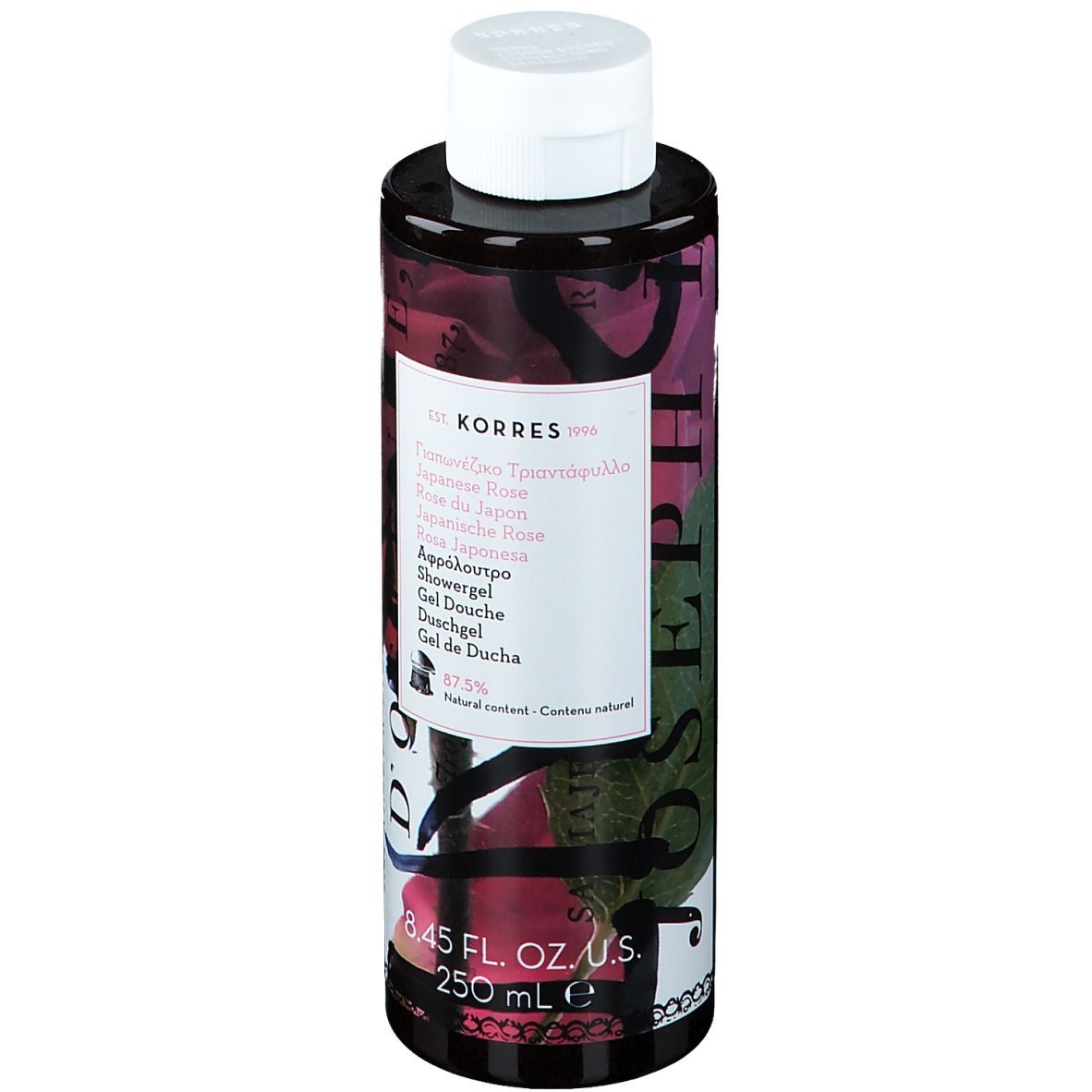 KORRES® Duschgel. Schwarze Flasche mit weißem Deckel. Etikett mit Produktnamen und Inhaltsangaben. 250 ml.