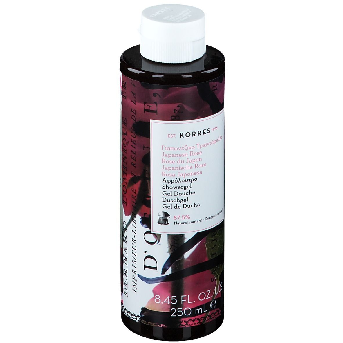 KORRES® Duschgel. Schwarze Flasche mit weißem Deckel. Etikett mit Produktnamen und Inhaltsangaben. 250 ml.