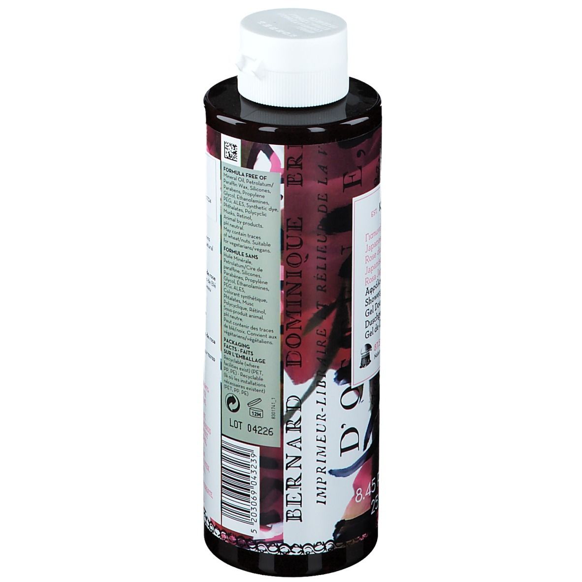 Rückseite der KORRES® Duschgel-Flasche. Text mit Inhaltsstoffen und Informationen. Schwarze Flasche mit weißem Deckel.