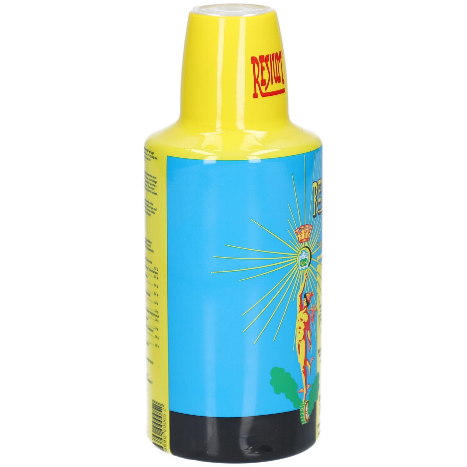Rückseite einer Resium Flasche mit detaillierten Informationen und Inhaltsstoffen auf dem Etikett.