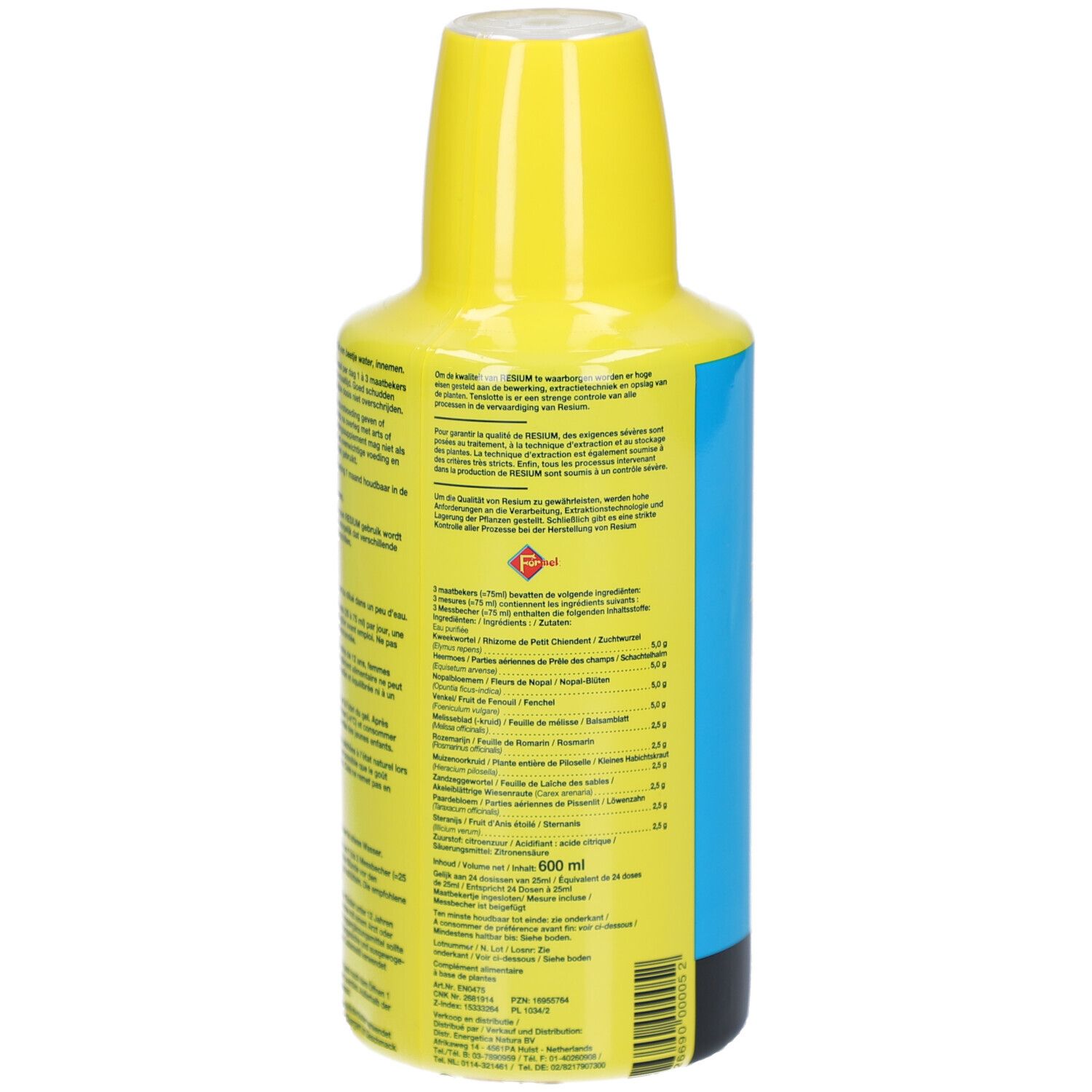 Seitenansicht einer Resium Flasche mit gelbem Verschluss und blau-gelbem Etikett.