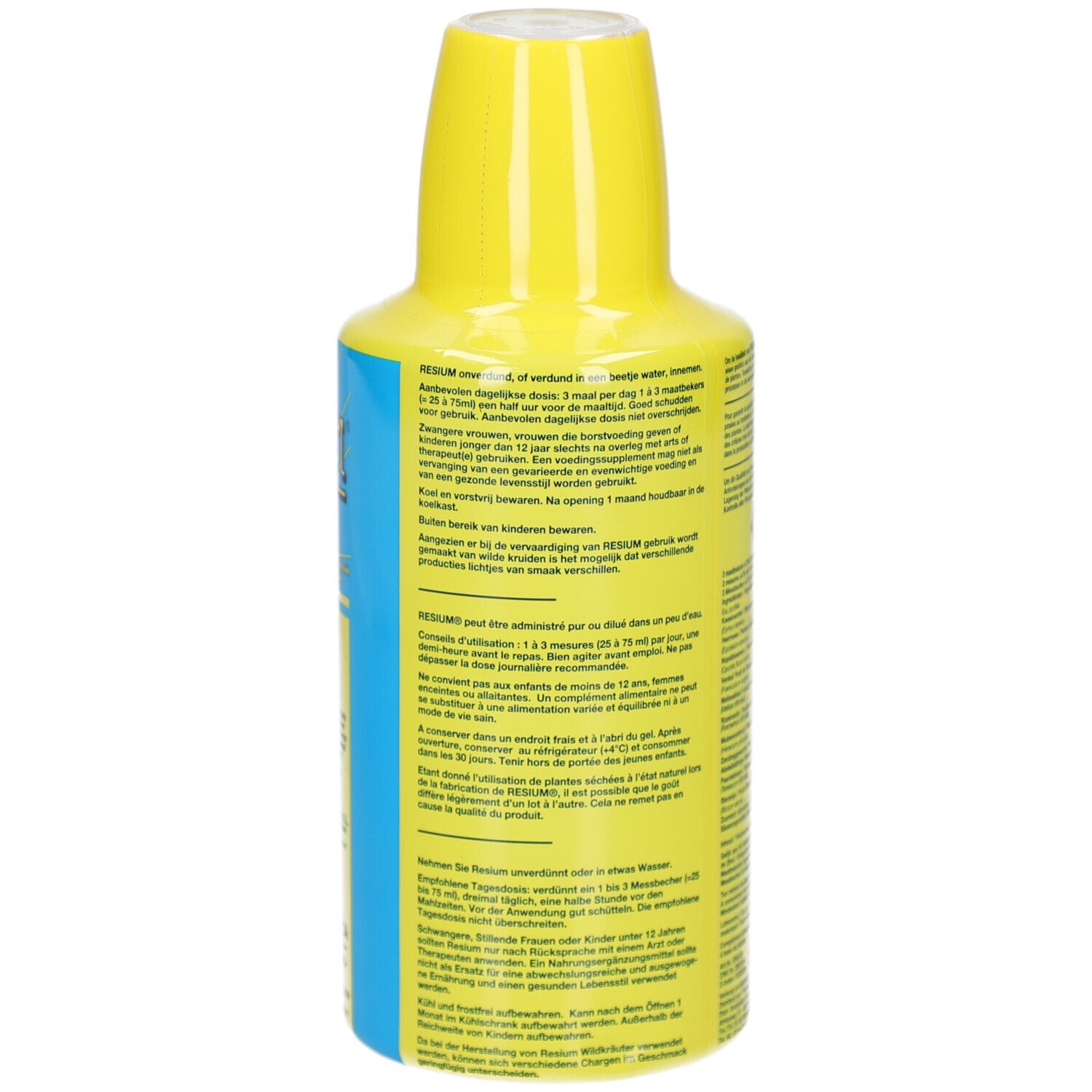 Resium Flasche mit gelbem Verschluss, daneben ein kleiner Messbecher mit Flüssigkeit.
