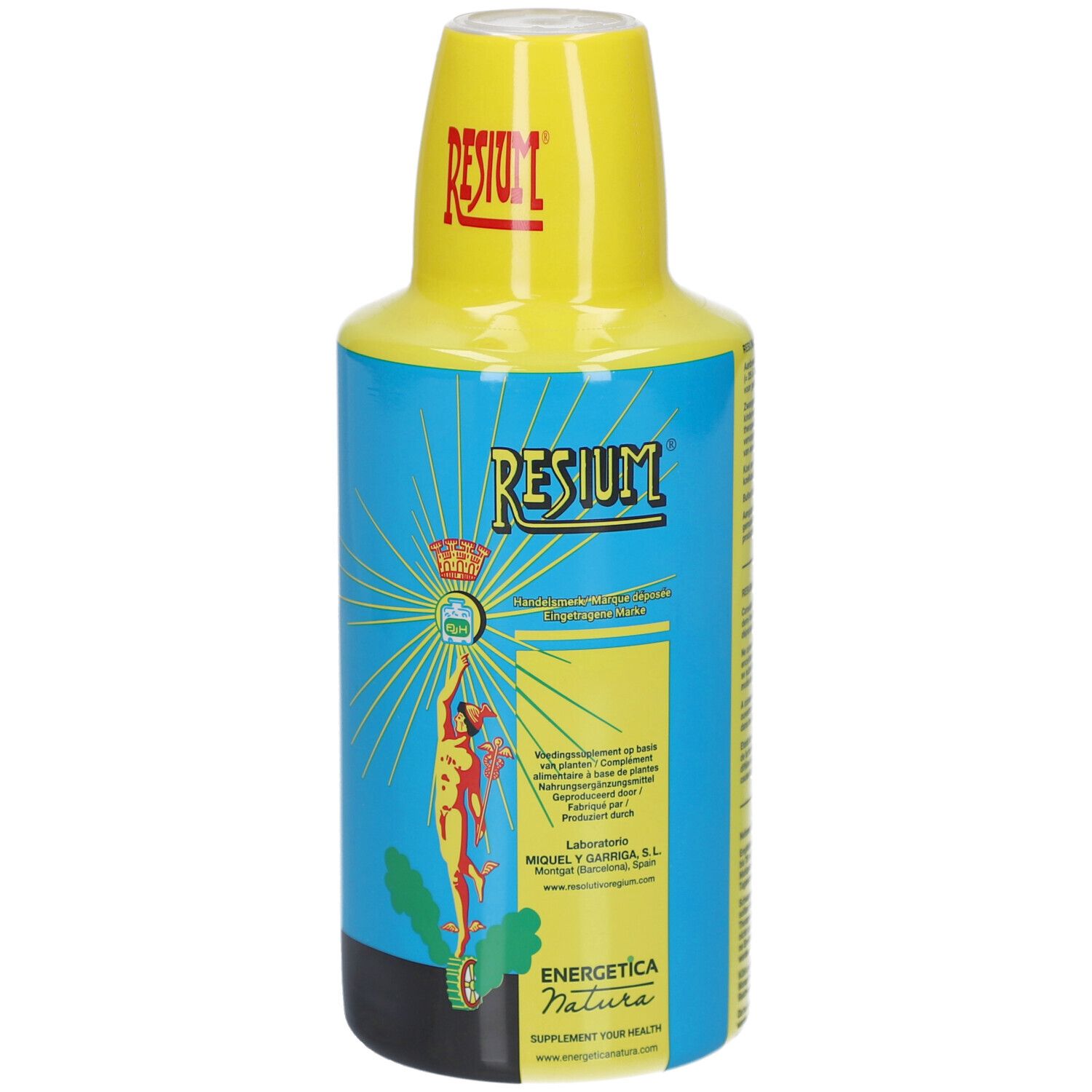 Resium Flasche mit gelbem Verschluss und blauem Etikett, das einen Mann mit Strahlenkranz zeigt.