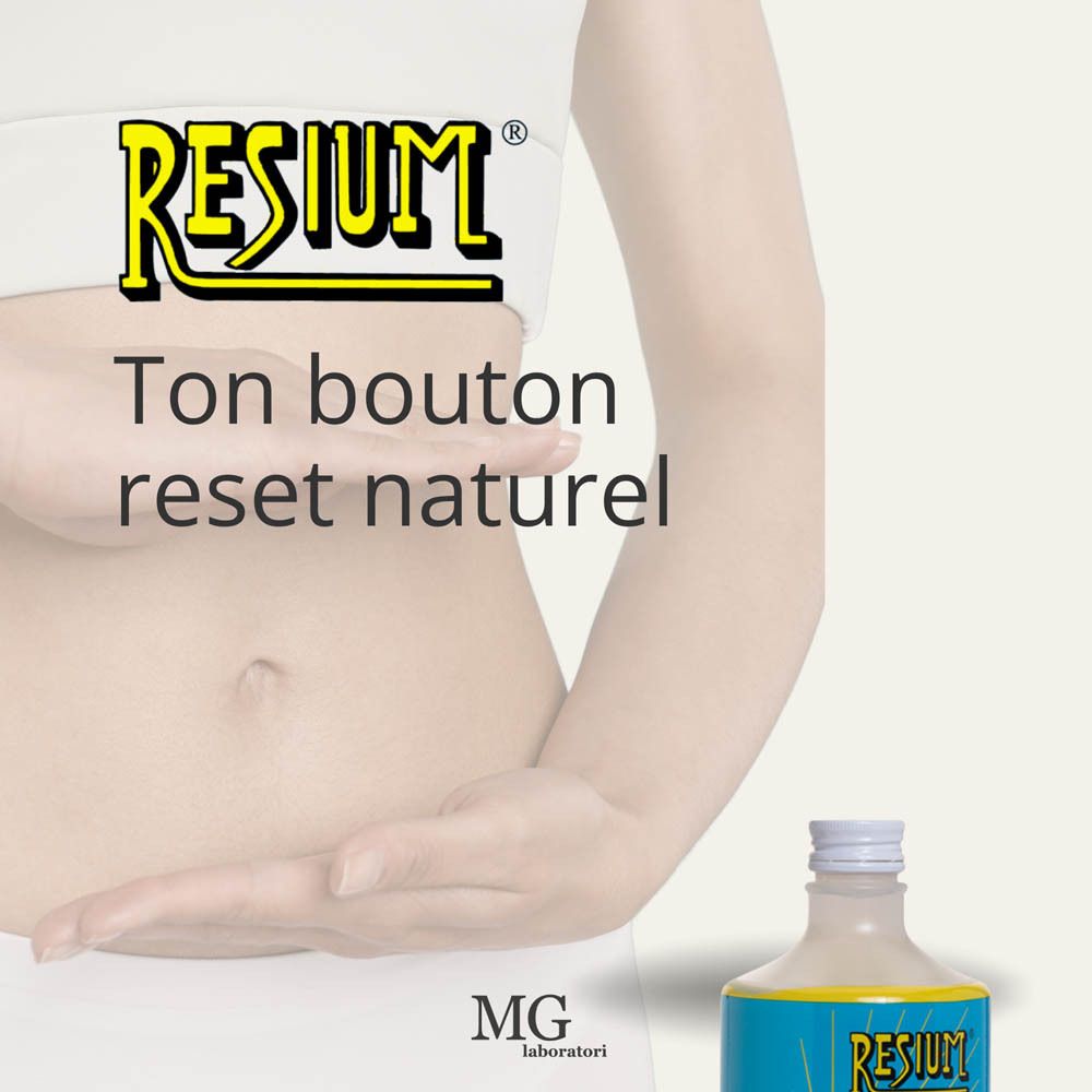 Gros plan du ventre d'une femme avec le texte 'Resium' et 'Ton bouton reset naturel'.