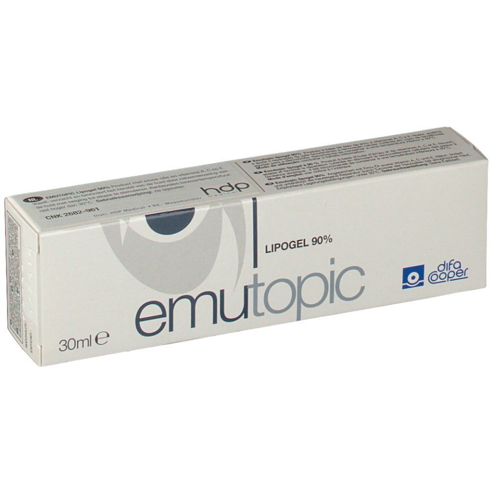 Schachtel mit emutopic® Lipogel 90%. Weiß, mit blauer Schrift. Enthält 30ml. Marke: difa cooper.