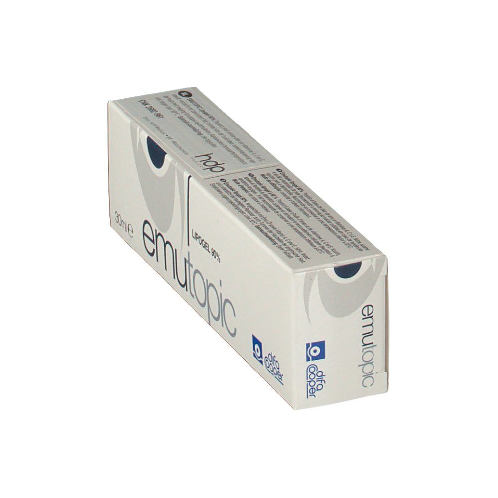 Schachtel emutopic® Lipogel 90% in Schrägansicht. Weiß, blaue Schrift. Marke: difa cooper.