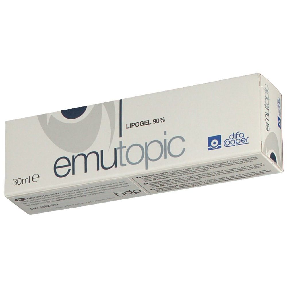 Schachtel emutopic® Lipogel 90%. Weiß, blaue Schrift. Marke: difa cooper. Enthält 30ml.