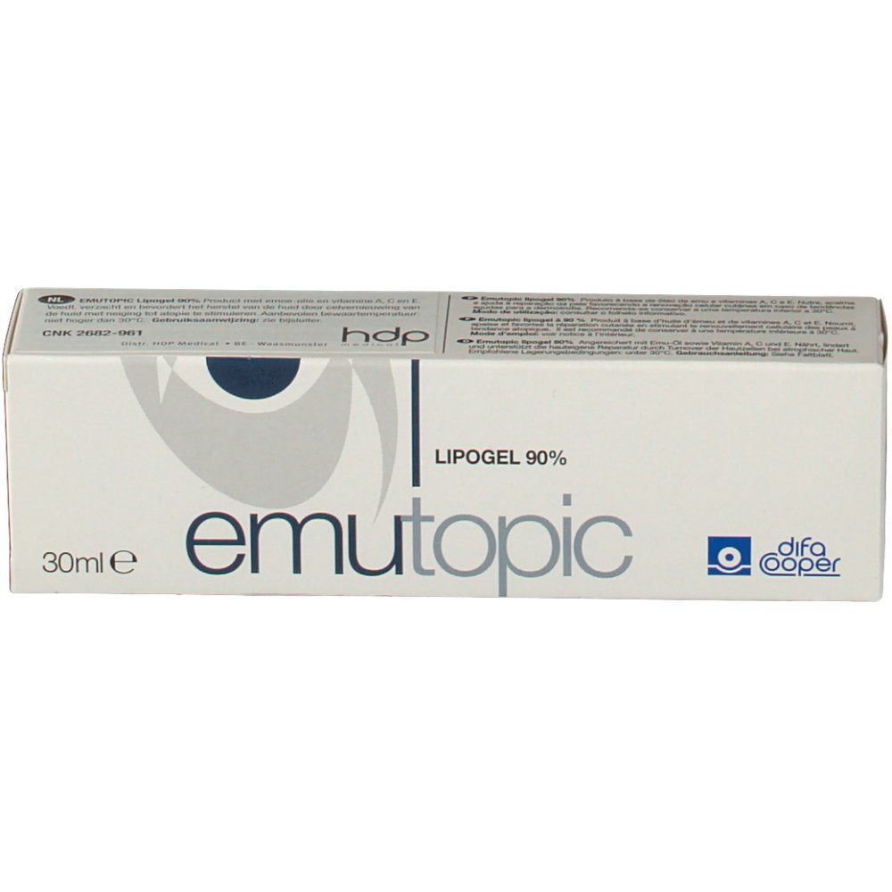 Schachtel emutopic® Lipogel 90%. Weiß, blaue Schrift. Enthält 30ml. Marke: difa cooper.