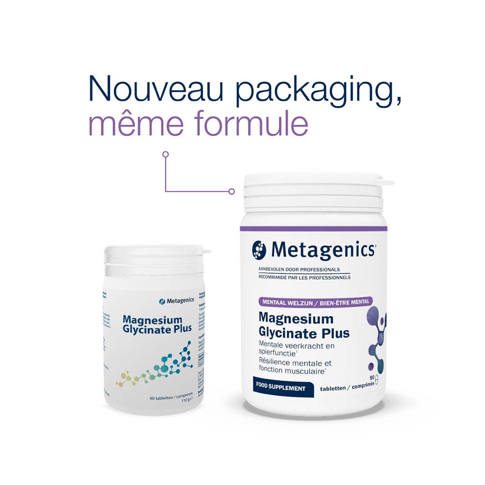 Flacon blanc de Magnesium Glycinate Plus. Marque Metagenics. Texte en français.