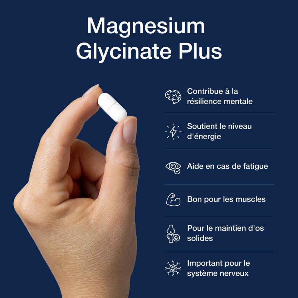 Dos du flacon Magnesium Glycinate Plus. Texte en français. Metagenics.