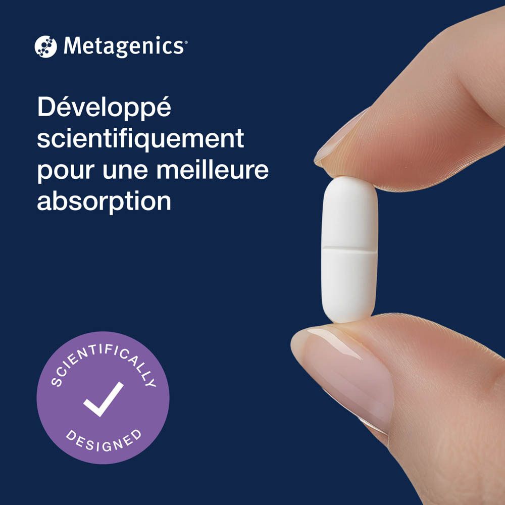 Dos du flacon Magnesium Glycinate Plus. Texte en français. Metagenics.