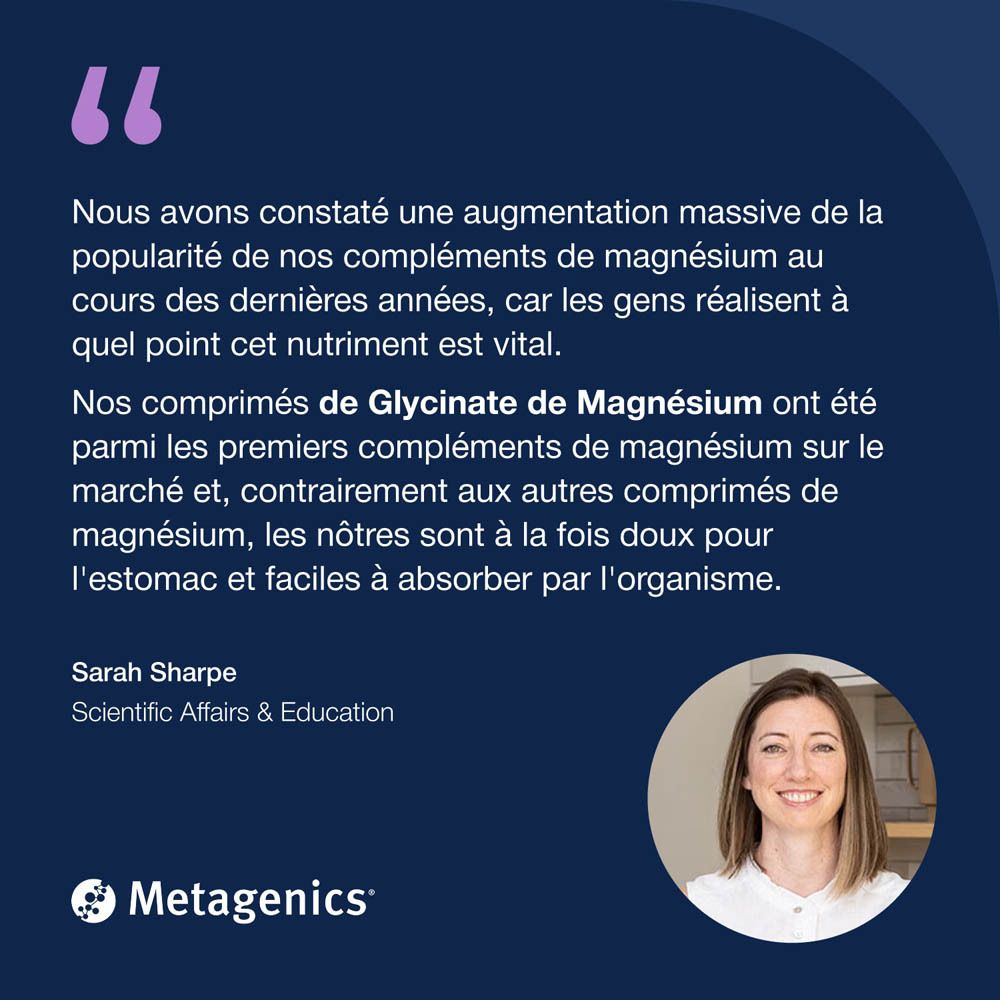 Flacon blanc de Magnesium Glycinate Plus. Marque Metagenics. Texte en français.