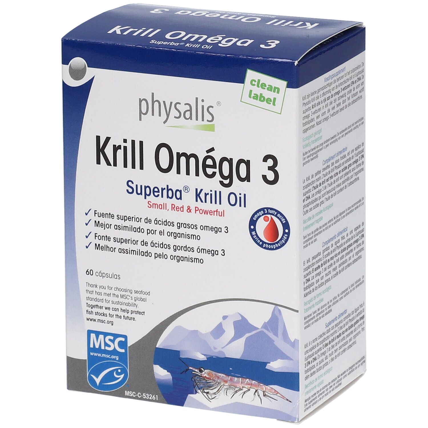 Blau-weiße Schachtel mit "Krill Omega 3"-Aufdruck. Enthält 60 Kapseln. MSC-Siegel. Kleines rotes Logo.