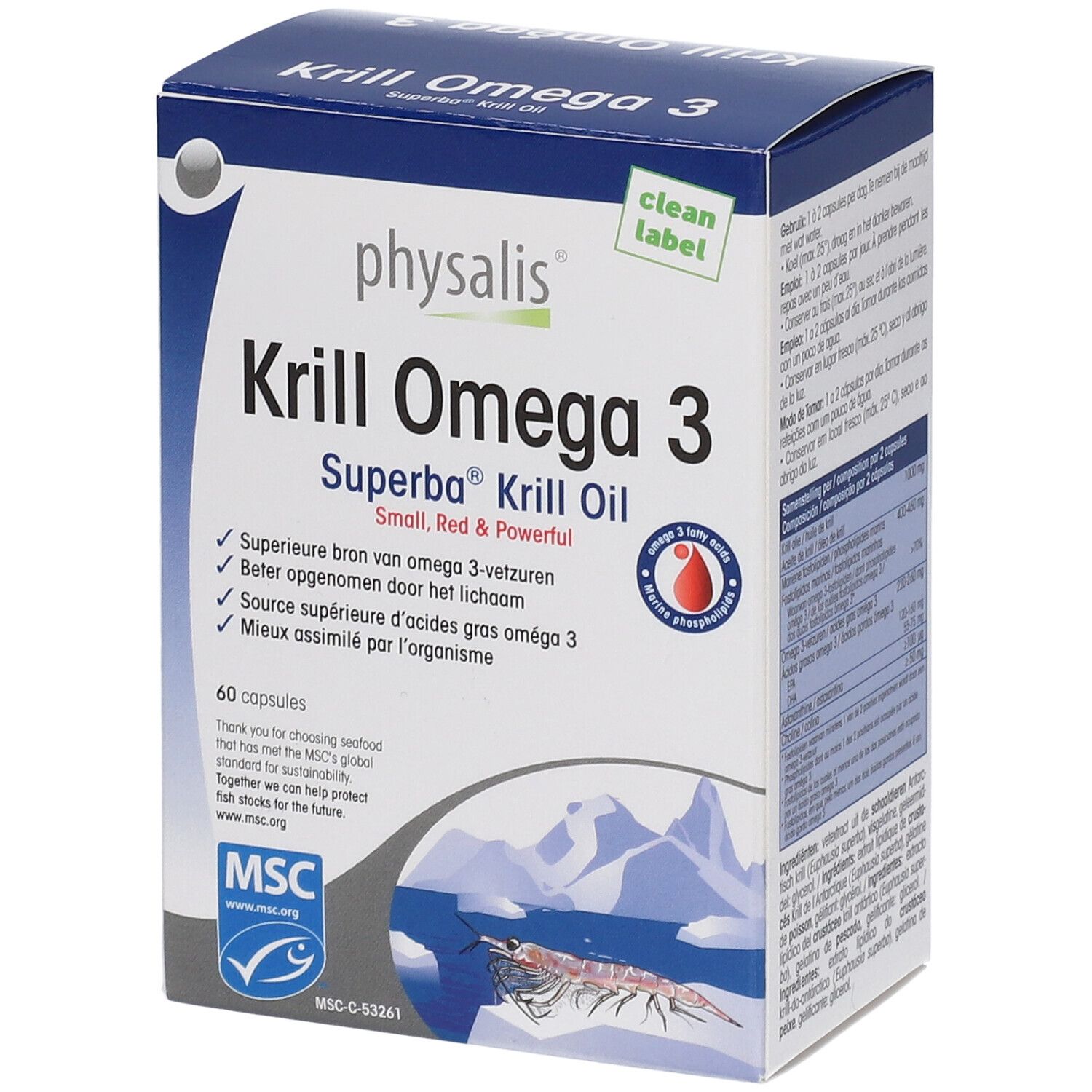 "Krill Omega 3"-Schachtel, blaue und weiße Farbgebung. Enthält 60 Kapseln. MSC-Siegel. Kleines rotes Logo.