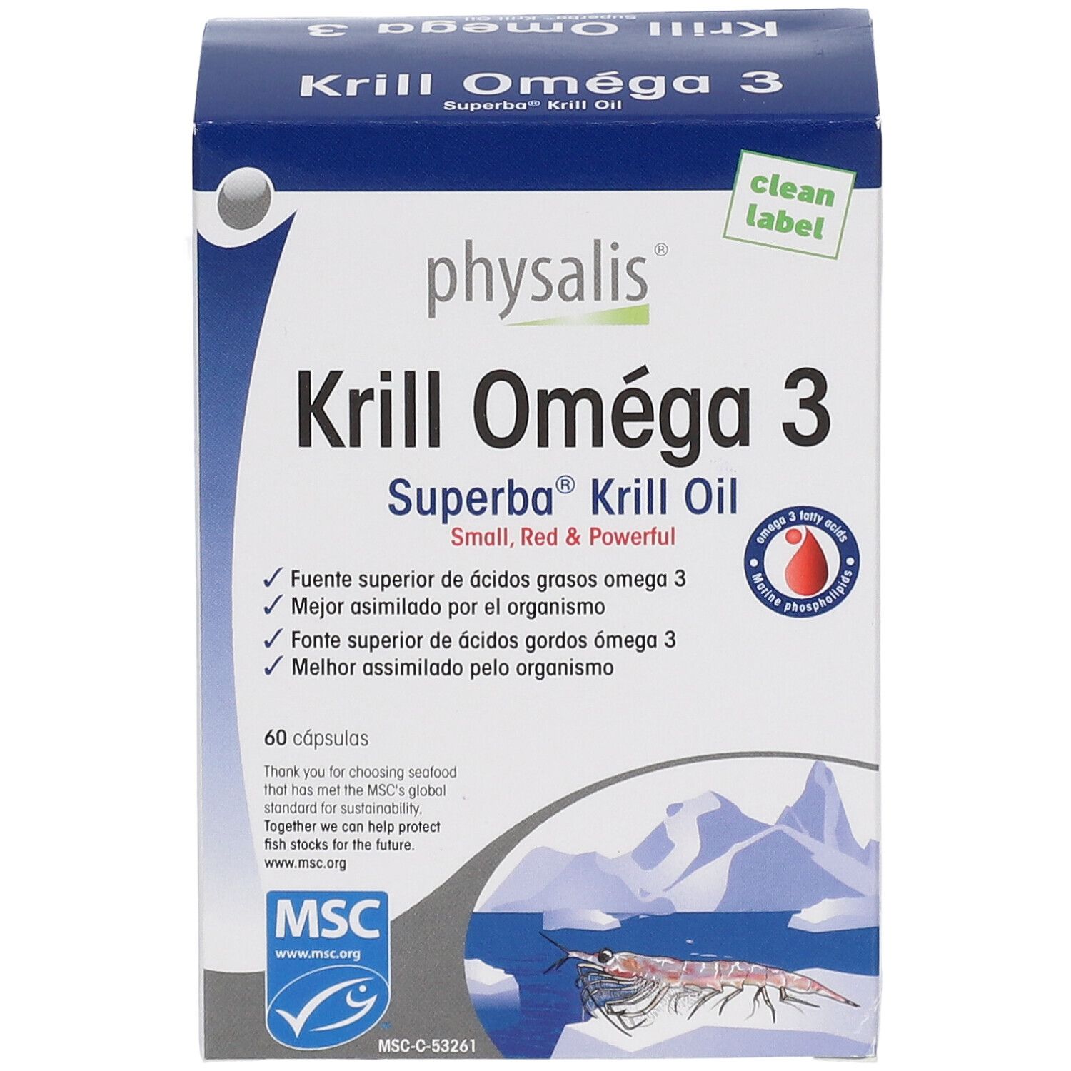 Blaue und weiße "Krill Omega 3"-Schachtel. Enthält 60 Kapseln. MSC-Siegel. Kleines rotes Logo.