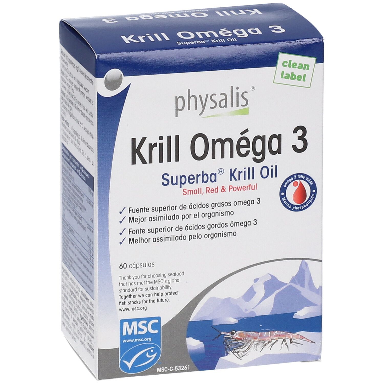 Blaue und weiße "Krill Omega 3"-Schachtel. Enthält 60 Kapseln. MSC-Siegel. Kleines rotes Logo.