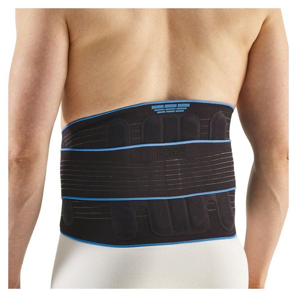 Support dorsal noir avec accents bleus. Vue arrière. Plusieurs barres horizontales. Nom du produit.