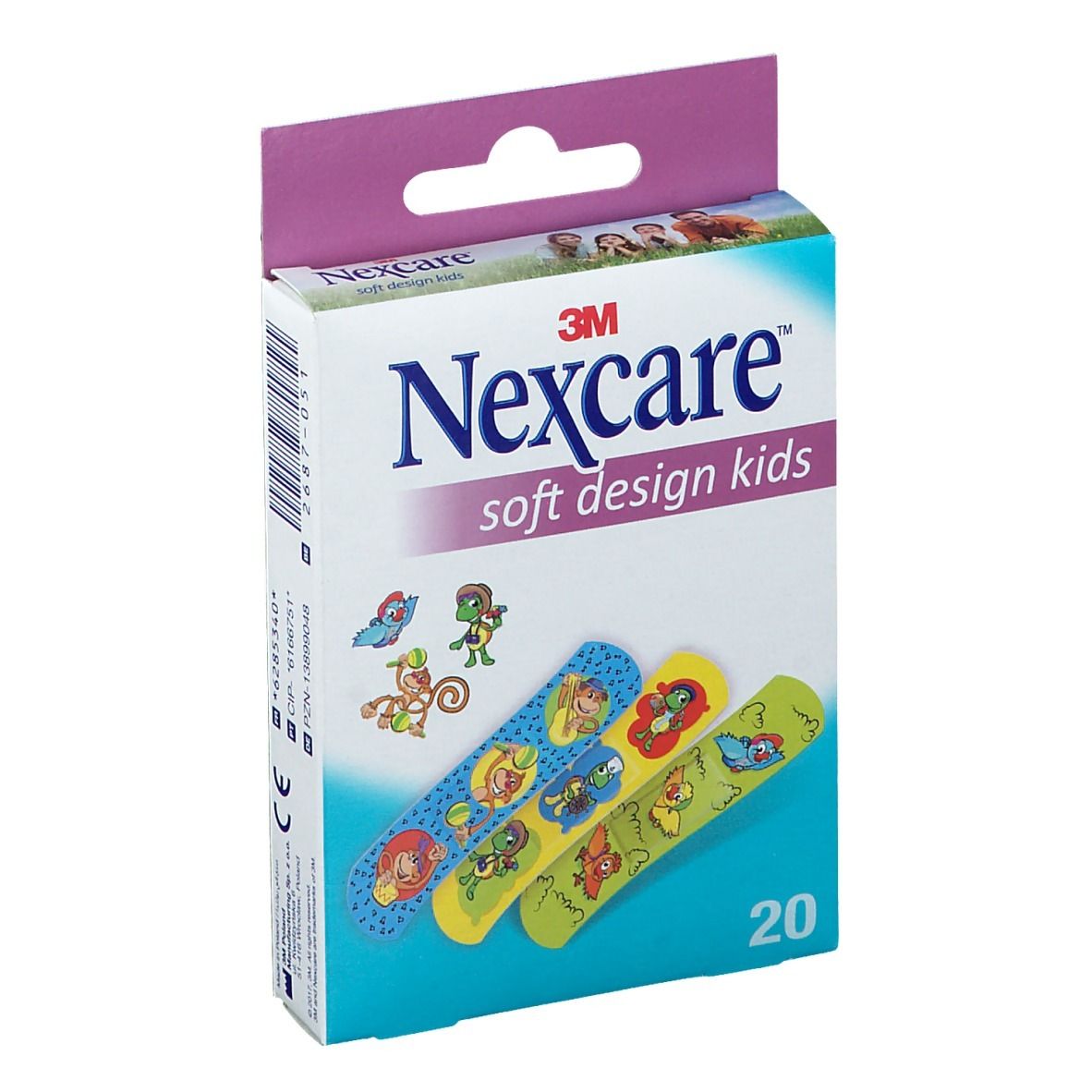 Verpackung mit Nexcare Soft Design Kids Pflastern. 20 Stück. Bunte Designs mit Tiermotiven.
