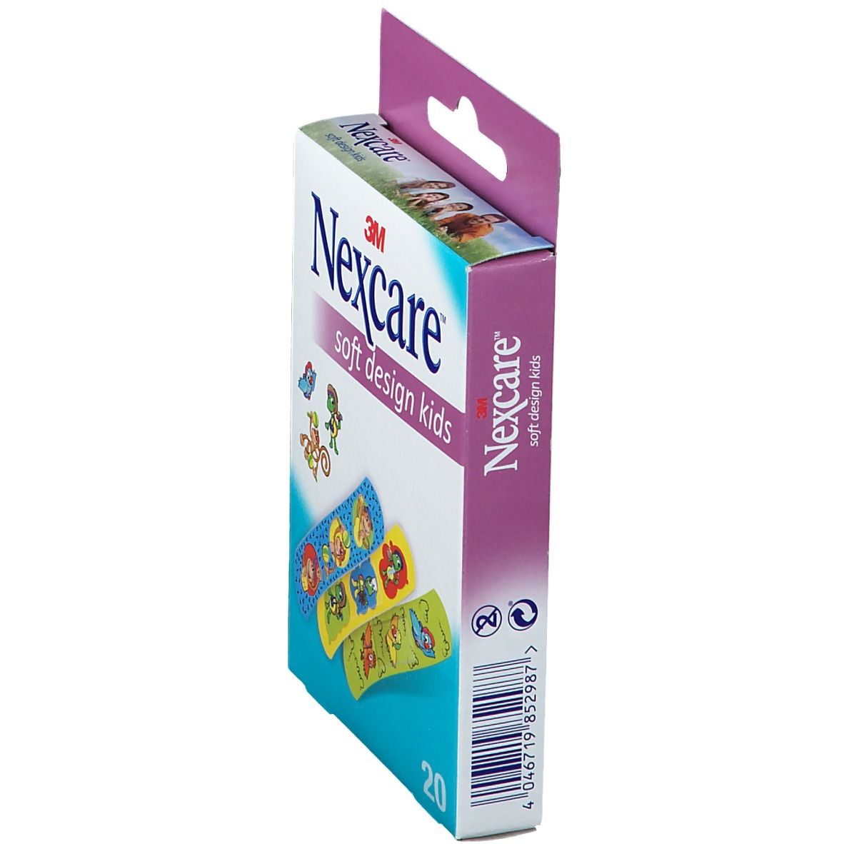 Seitenansicht der Nexcare Soft Design Kids Pflasterverpackung. Zeigt das Produkt und die Verpackung.