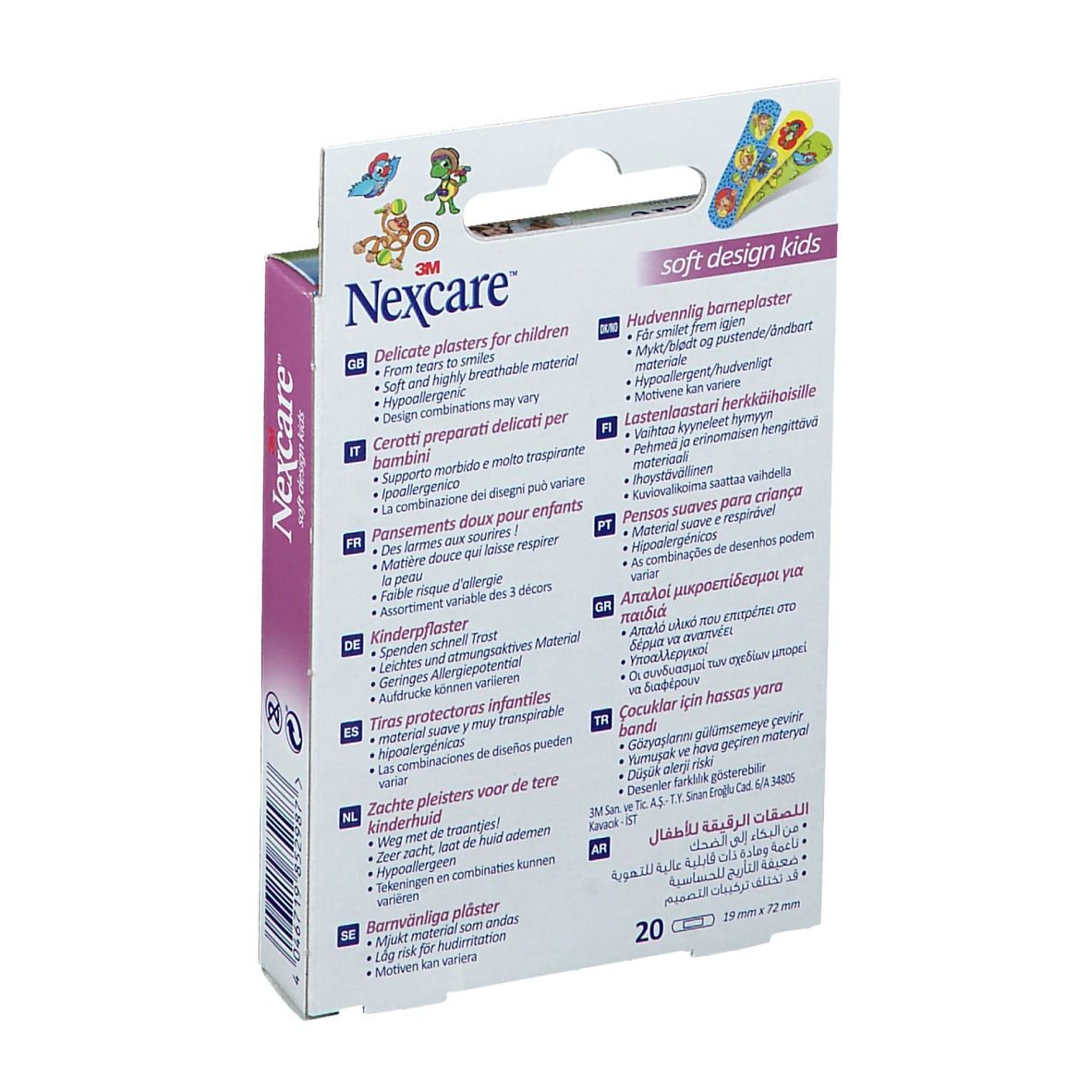 Rückseite der Nexcare Soft Design Kids Pflasterverpackung. Text in mehreren Sprachen, 20 Stück.