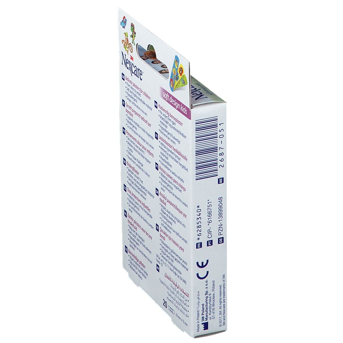 Seitenansicht der Nexcare Soft Design Kids Pflasterverpackung. Barcode und Produktinformationen.