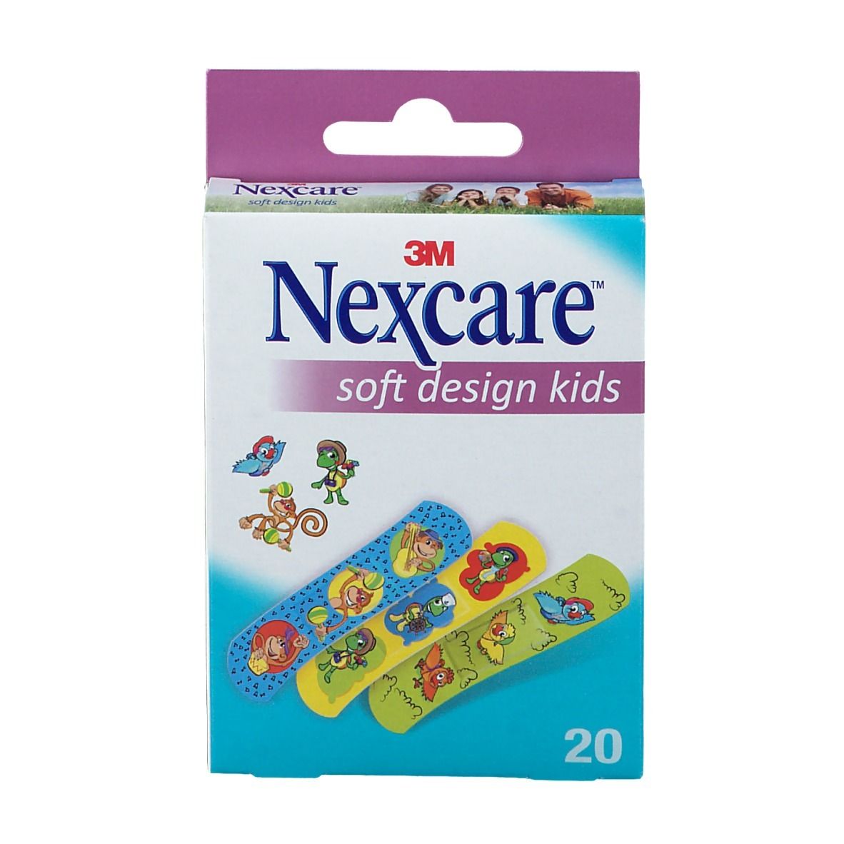 Vorderansicht der Nexcare Soft Design Kids Pflasterverpackung. 20 Pflaster mit Tiermotiven.