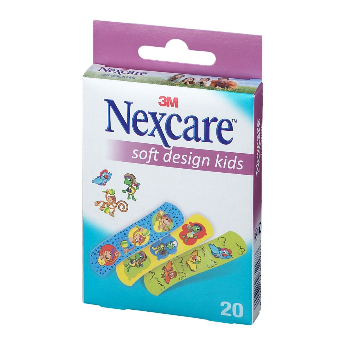Vorderansicht der Nexcare Soft Design Kids Pflasterverpackung. 20 Pflaster mit Tiermotiven.