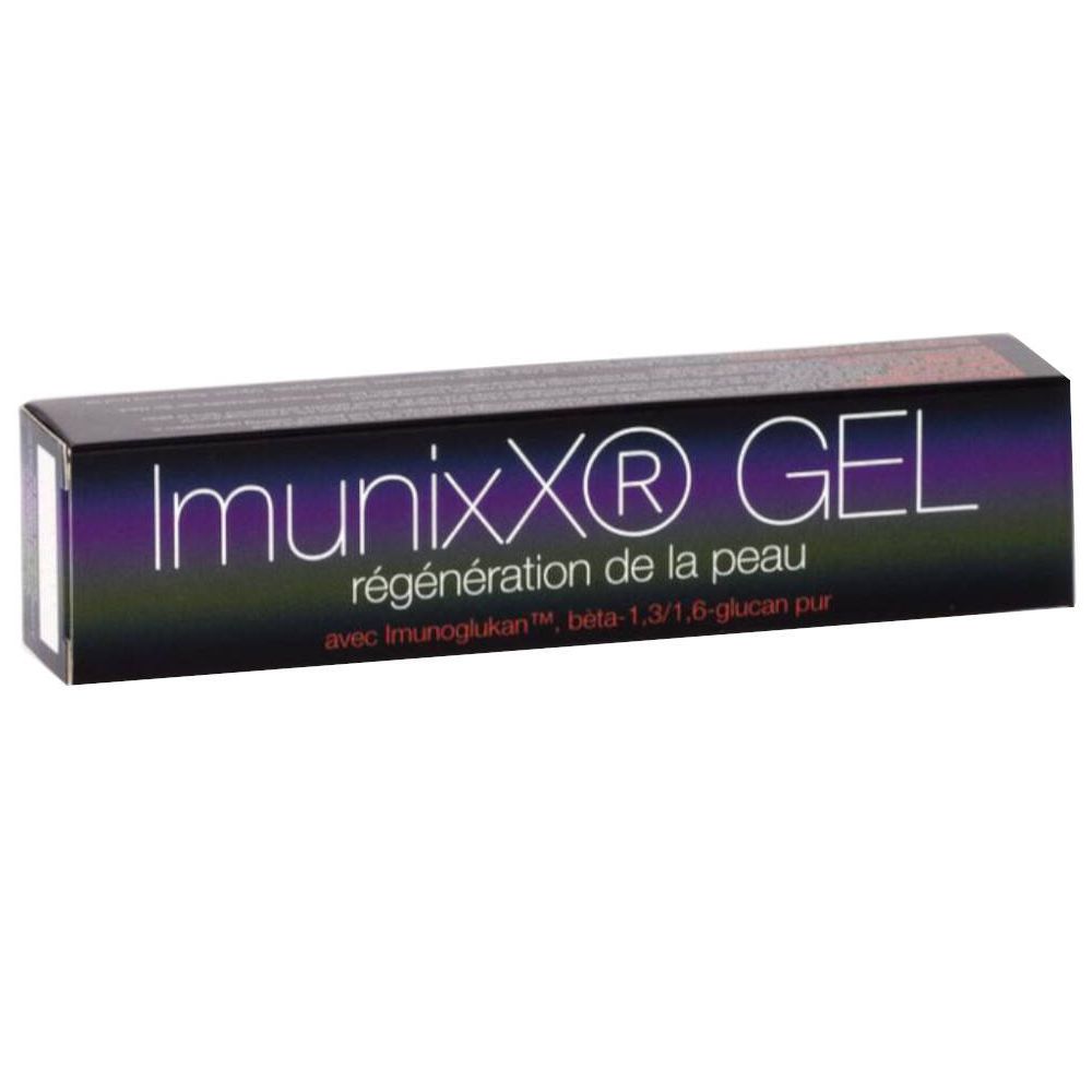 Boîte de ImunixX® GEL. Emballage noir avec nom et texte du produit. Dégradé violet-noir.