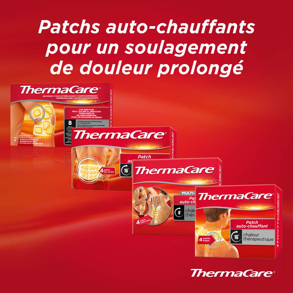 Différents emballages ThermaCare®. Texte: Patchs auto-chauffants pour un soulagement prolongé.