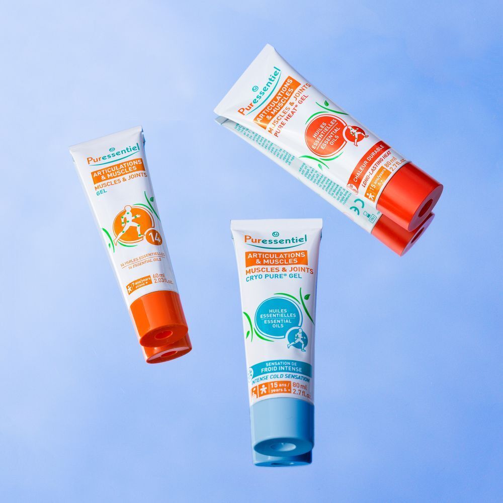 Drei Puressentiel Gel Tuben für Muskeln und Gelenke.