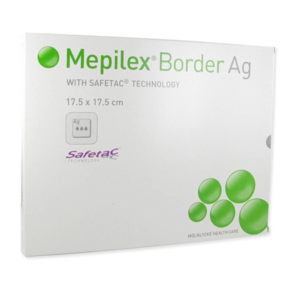 Verpackung von Mepilex Border Ag, 17,5 x 17,5 cm. Aufschrift: Safetac Technologie. Grüne Kreise und Logo.