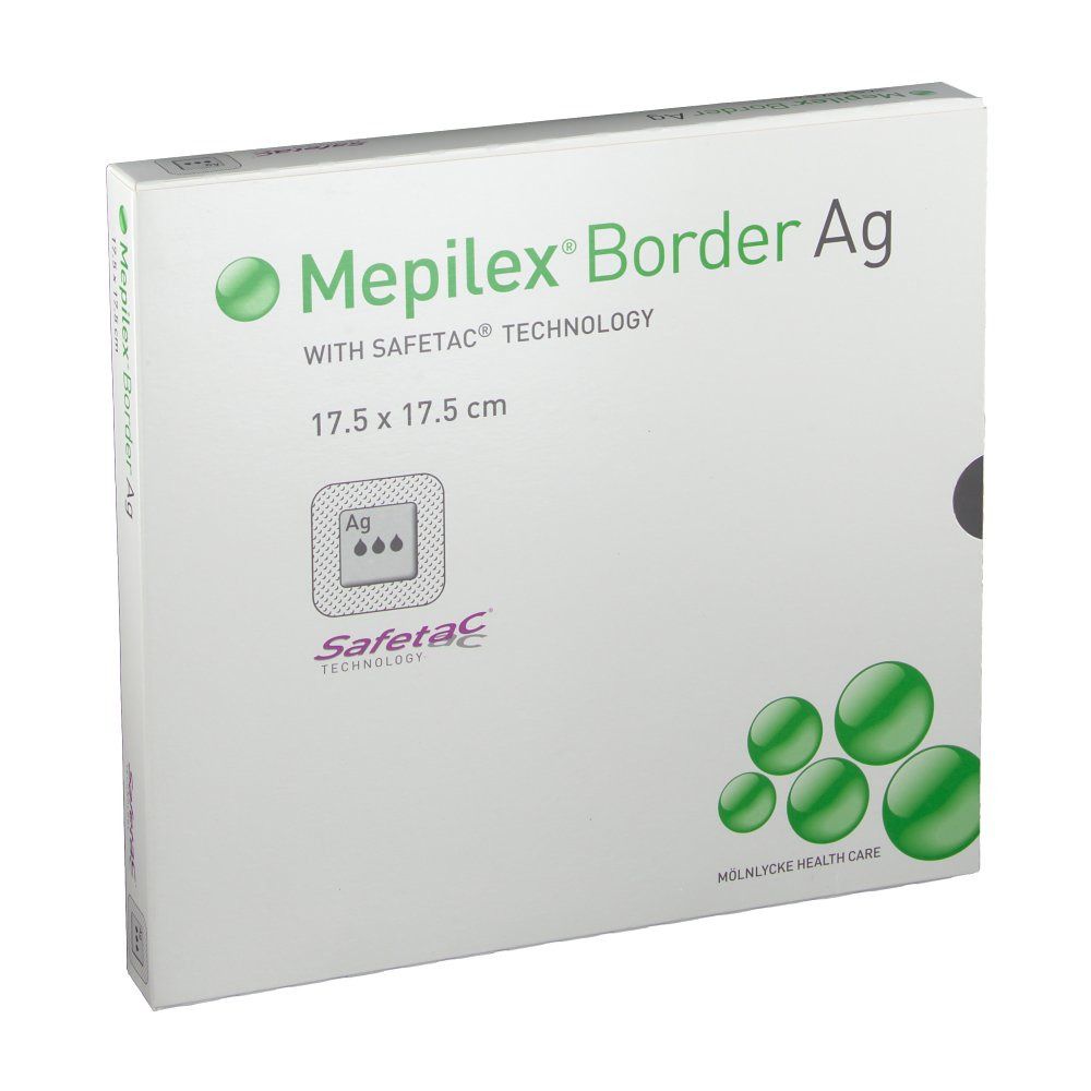 Verpackung von Mepilex Border Ag, 17,5 x 17,5 cm. Safetac Technologie. Grüne Kreise und Logo. Perspektivische Ansicht.