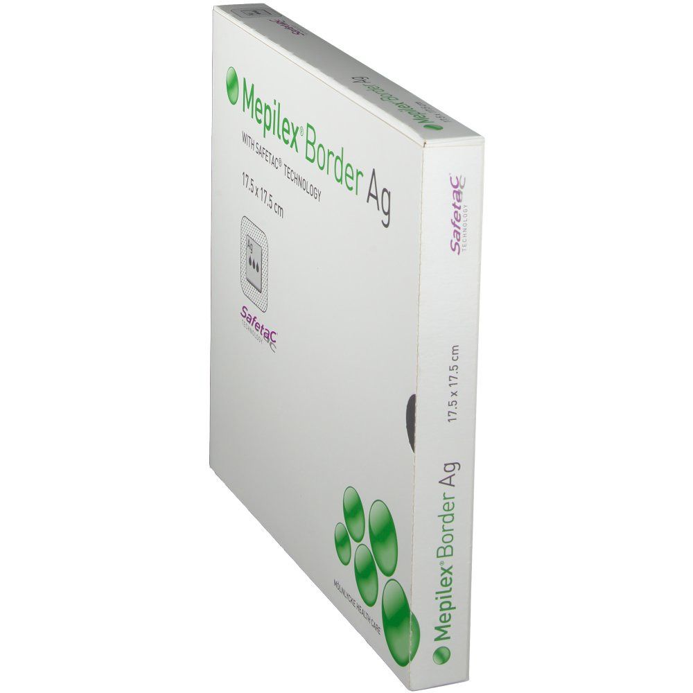 Verpackung von Mepilex Border Ag, 17,5 x 17,5 cm. Safetac Technologie. Seitenansicht mit Produktnamen und Größe.