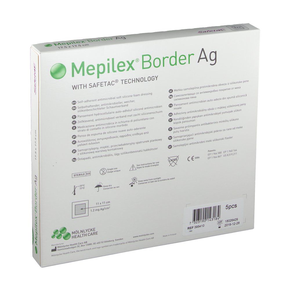 Rückseite der Verpackung von Mepilex Border Ag. Enthält Informationen, Symbole und Barcode. Größe: 17,5 x 17,5 cm.