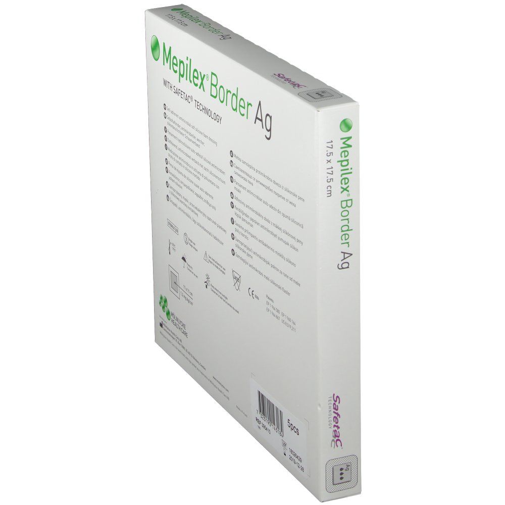 Seitenansicht der Verpackung von Mepilex Border Ag. Produktname, Größe und Safetac Technologie sind sichtbar.