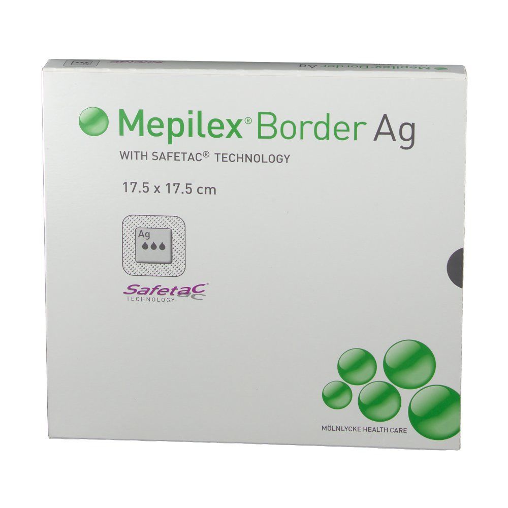 Verpackung von Mepilex Border Ag, 17,5 x 17,5 cm. Safetac Technologie. Grüne Kreise und Logo. Perspektivische Ansicht.