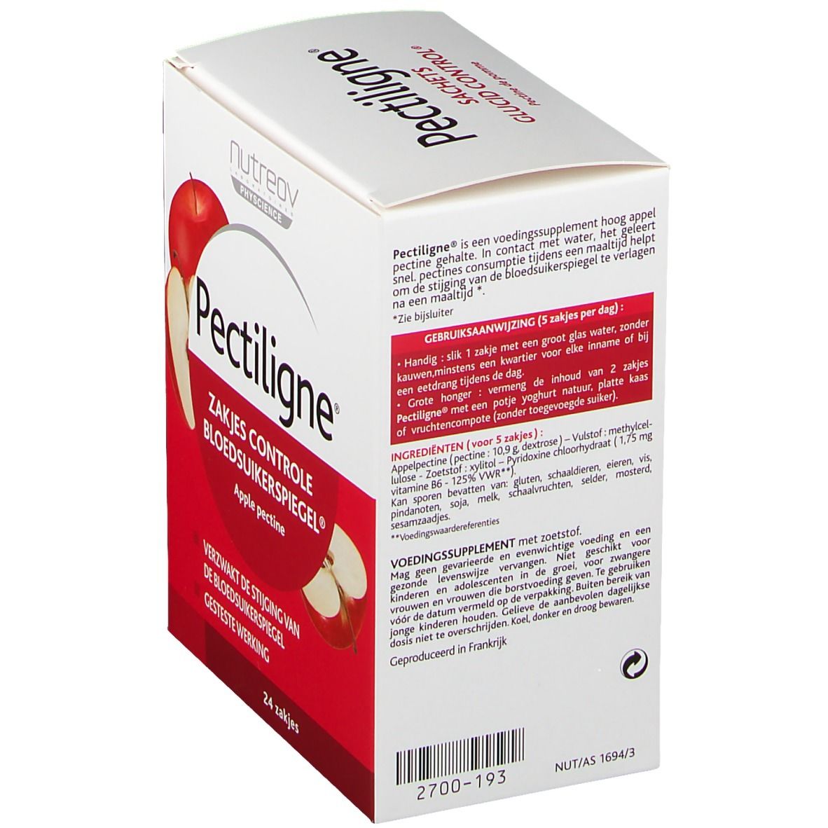 Boîte Pectiligne Zakjes Controle Bloedsuikerspiegel, pectine de pomme. Texte en néerlandais. Contient 24 sachets.